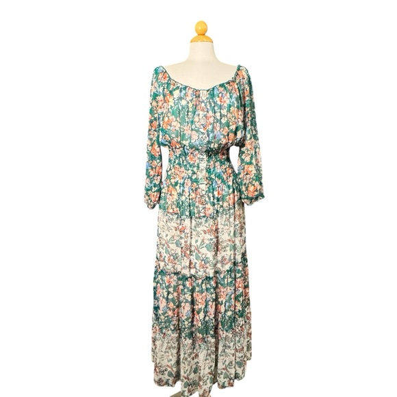 fig and flower Dresses & Skirts - fig and flower Sheer Floral Tiered Maxi Dress in Green, White, & Orange